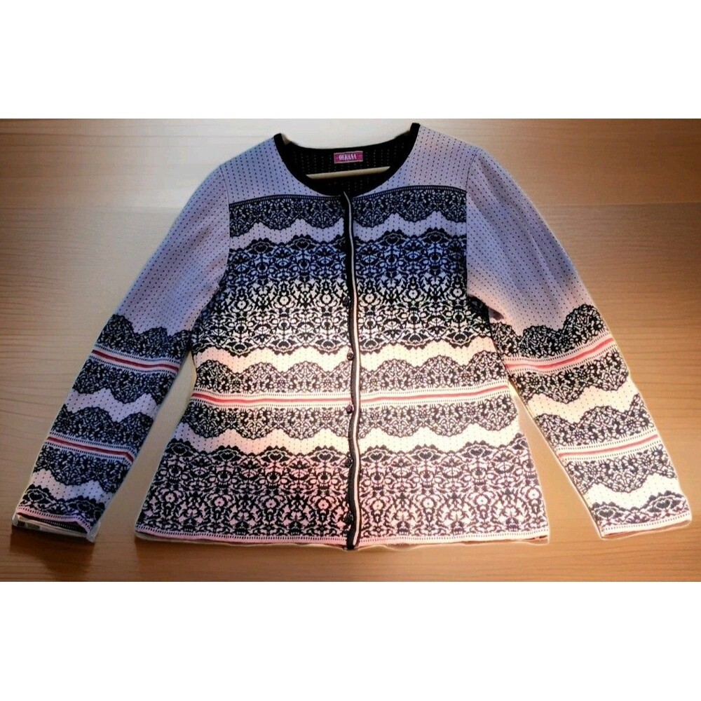 Oleana Norway Silk Merino Wool Cardigan Sweater Pink Black Nordic Knit XL